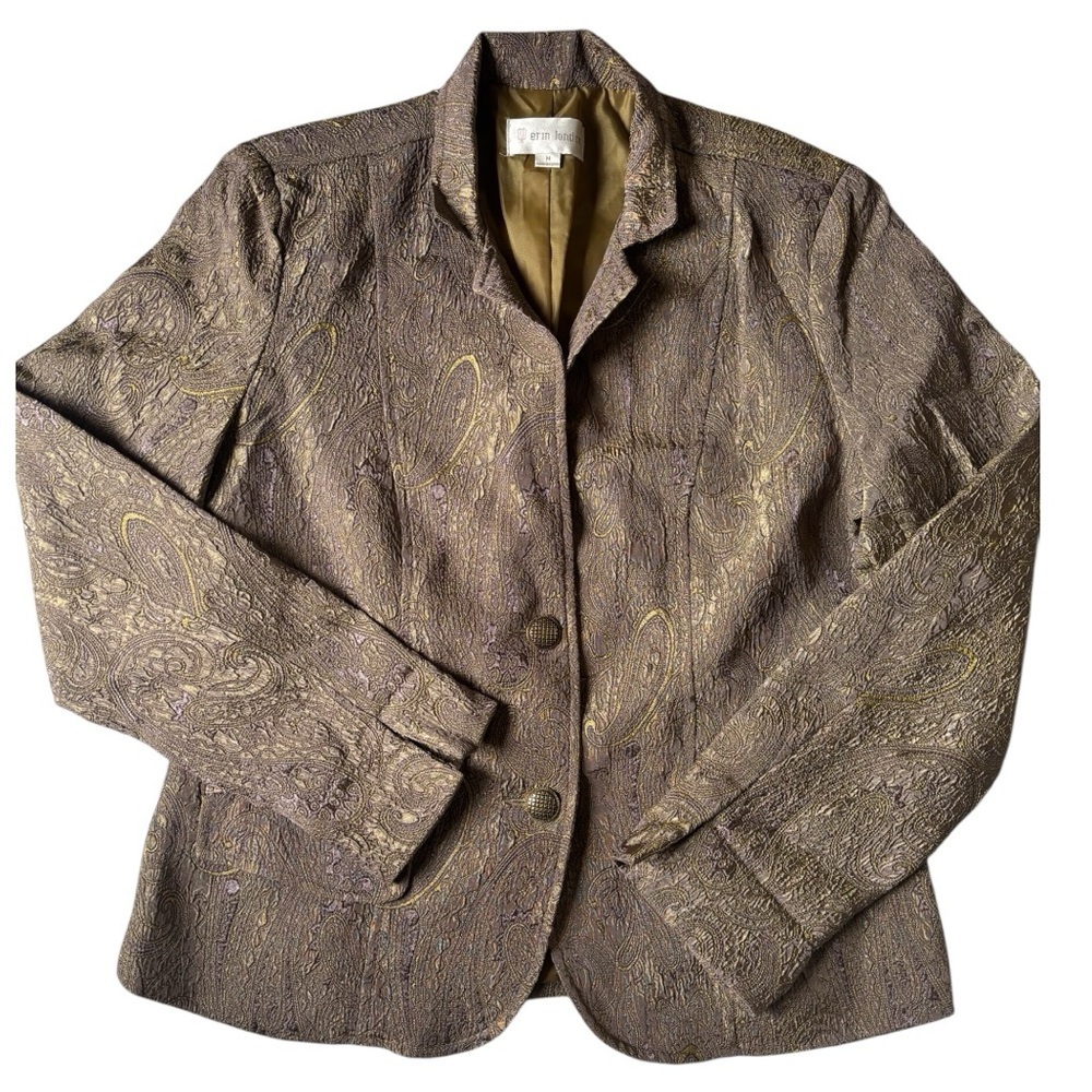 Erin London Metallic Brocade Paisley Blazer Jacket Size M Green Gold Vintage M